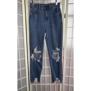 American Eagle Mom Jeans High Rise Medium Wash Distressed Y2K Denim Size 00R